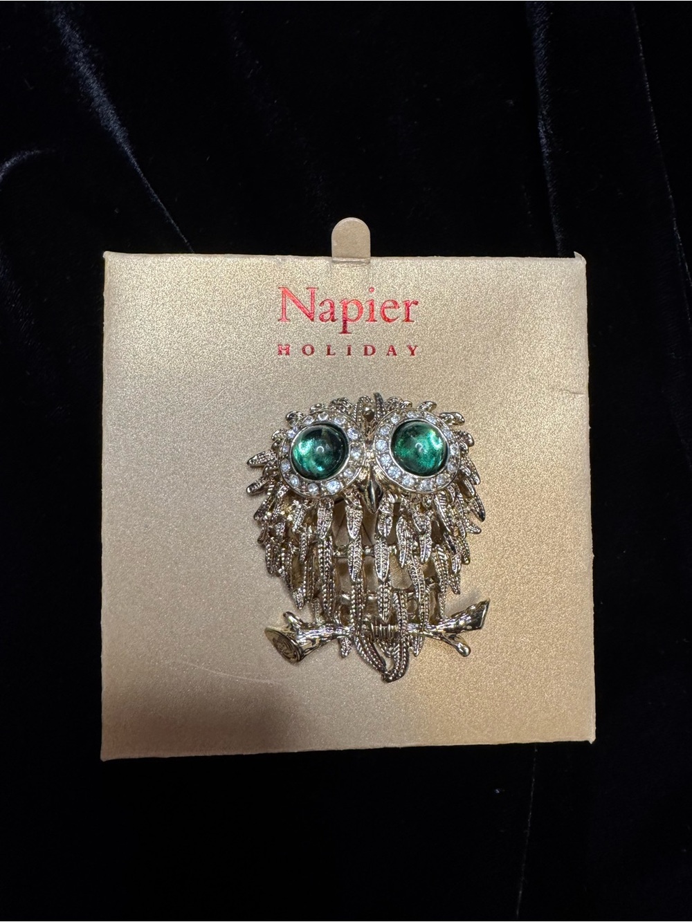 Napier Gold-Tone Owl Brooch with Emerald Green Eyes
